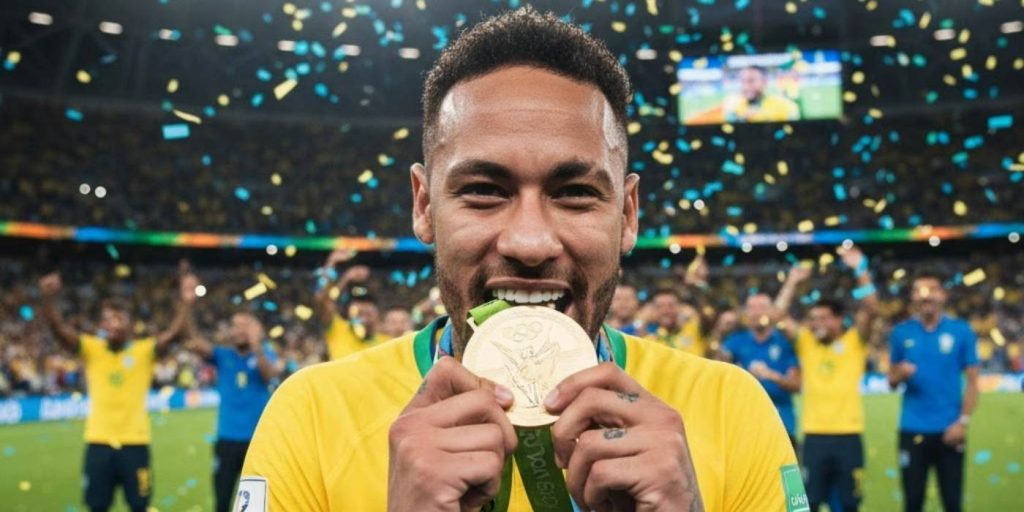 neymar segurando a primeira medalha de ouro do futebol Brasil nas Olímpiadas
