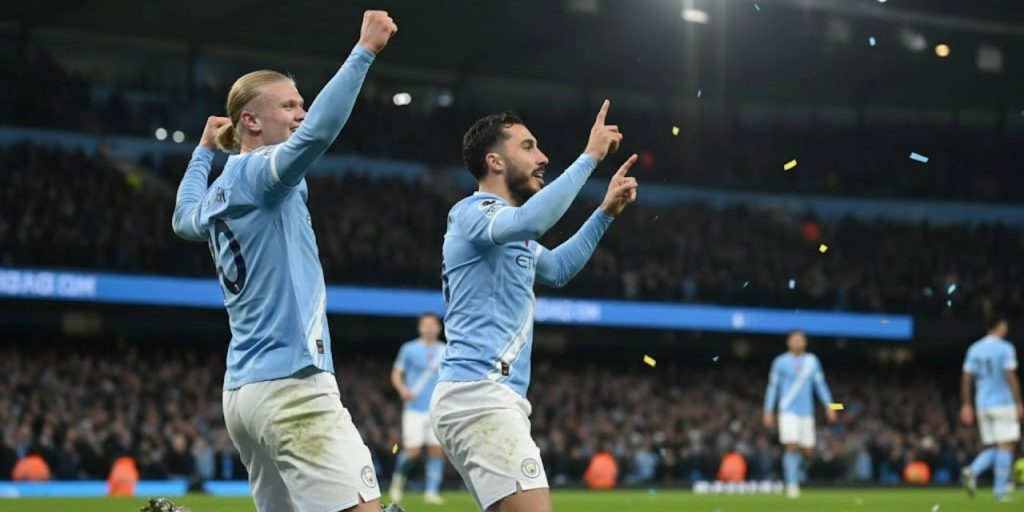 haaland e Bernardo Silva comemorando um gol entre os jogadores do Manchester City