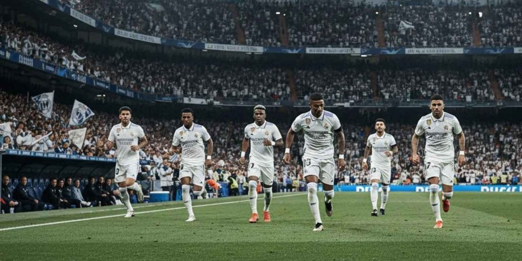 imagem dos jogadores do real madrid comemorando um gol