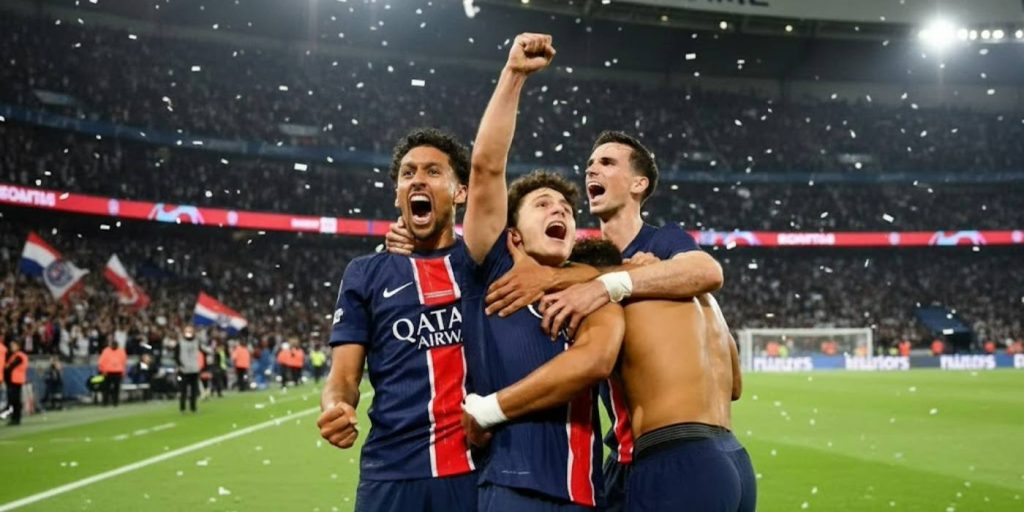 imagem de marquinhos, joao neves, e outros jogadores do PSG comemorando um gol