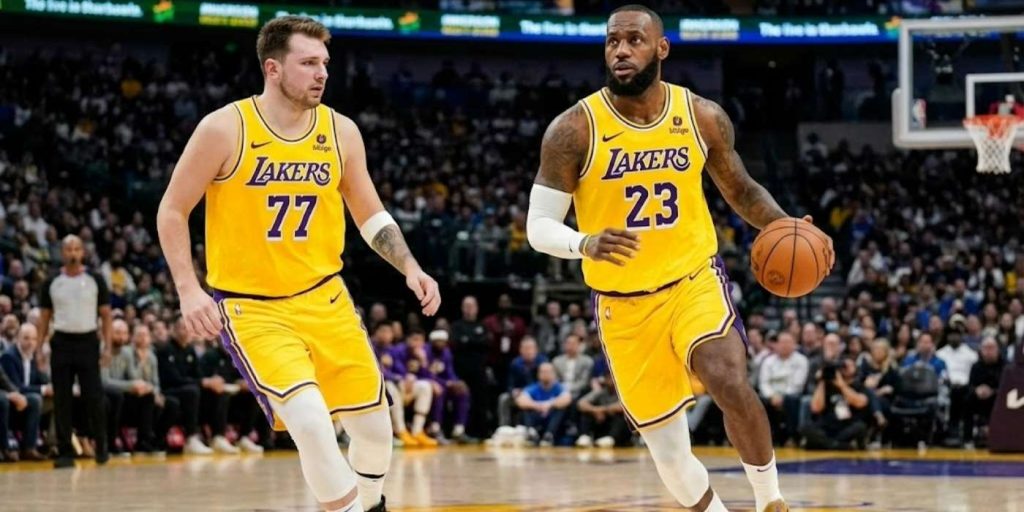 imagem dos dois melhores jogadores do Lakers para a temporada: James e Doncic